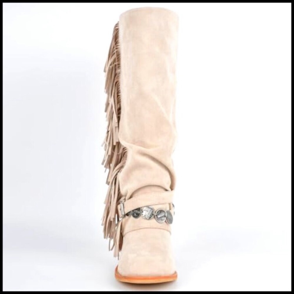Knee High Riding Boots Fringe Tassels Chunky Heel Square Toe Boho Chic - Picture 5 of 7